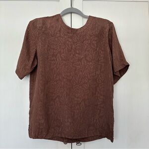Vintage Stunt Petite Brown Textured 100% Silk Short Sleeve Blouse